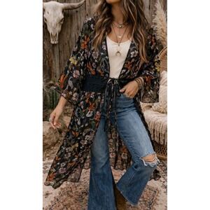 Cato Black Floral Sheer Kimono Duster Lace Tie Front M Western Boho Festival